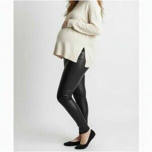 Spanx Mama Faux Leather Maternity Leggings Women Medium Black Skinny Tummy Panel